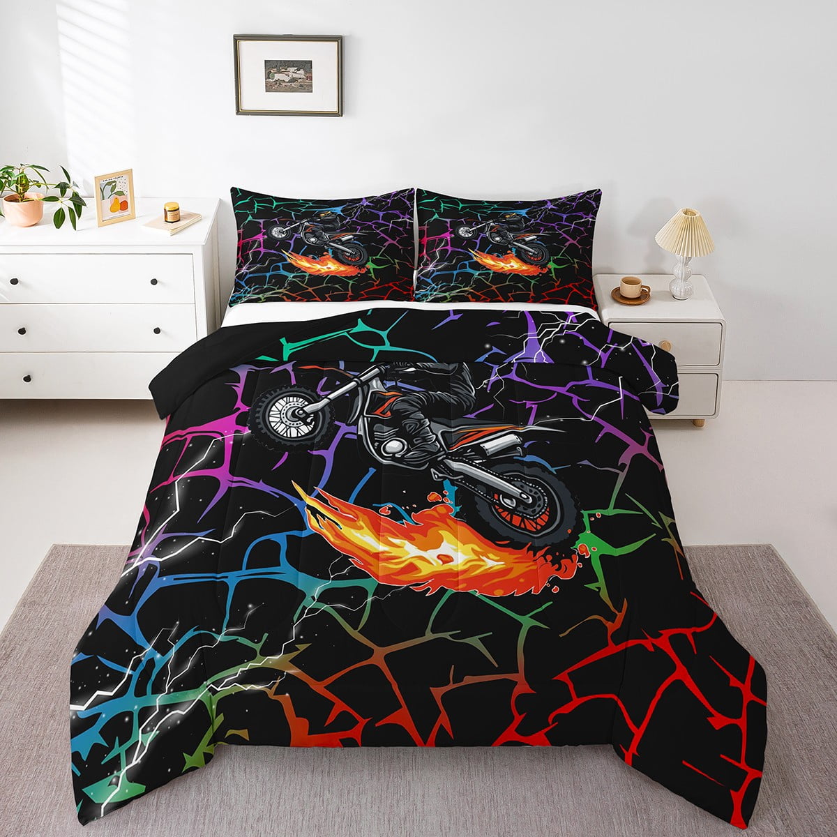 YST Boys Dirt Bike Comforter Set Twin Size Graffiti Motorcycle Bedding