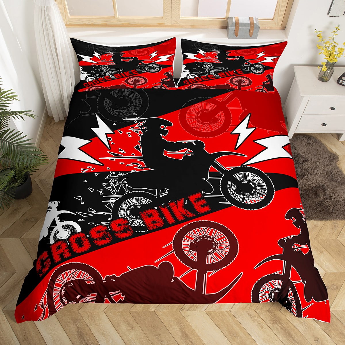 YST Boys Dirt Bike Duvet Cover Queen Kids Motocross Bedding Set