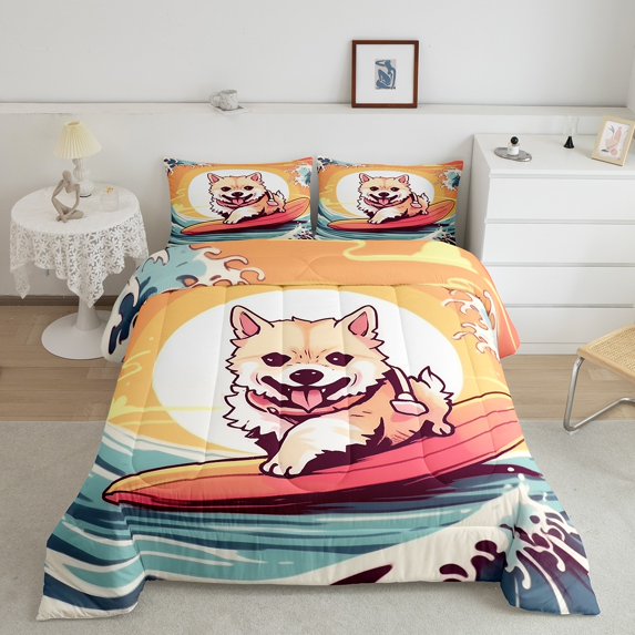 Dog Comforter Set 2Pcs, Sea Wave Bedding Set Teens Bedroom Decor, Cute Pug Animal Quilt Funny Puppy Pet Duvet Insert, 1 Comforter + 2 Pillow Cases