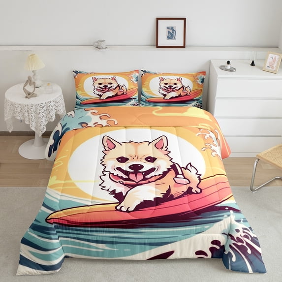 Erosebridal Dog Comforter Set 3Pcs, Sea Wave Bedding Set Queen Size Teens Bedroom Decor, Cute Pug Animal Quilt Funny Puppy Pet Duvet Insert, 1 Comforter + 2 Pillow Cases