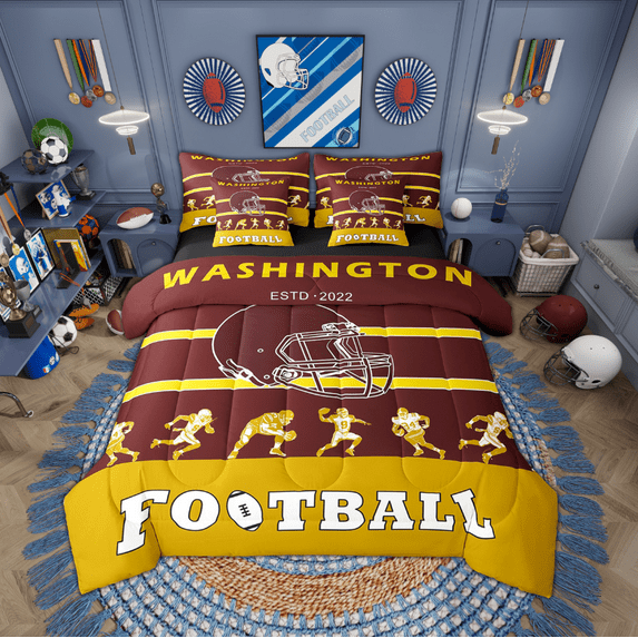 Football 7 Piece Bedding Sets Football Comforter Bed in a Bag Sports Printed Quilt with Sheet Set, Teen Bedroom Decor,Full 7Pcs(Washington)