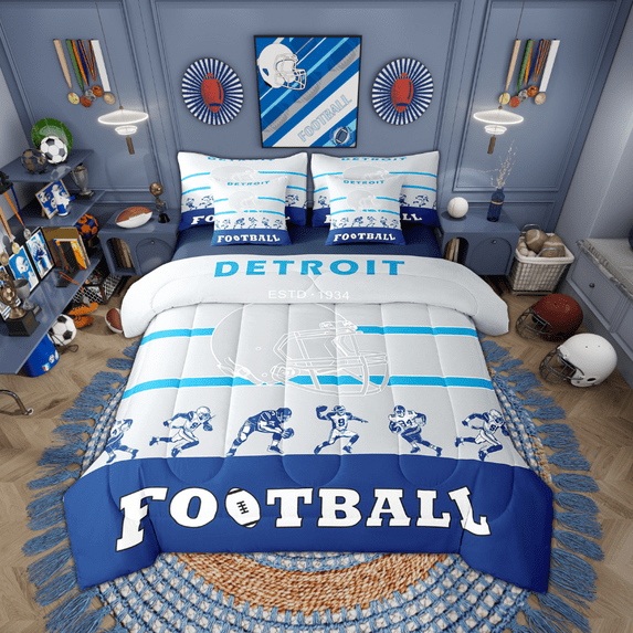 Football 7 Piece Bedding Sets Football Comforter Bed in a Bag Sports Printed Quilt with Sheet Set, Teen Bedroom Decor,Queen 7Pcs(Detroit)