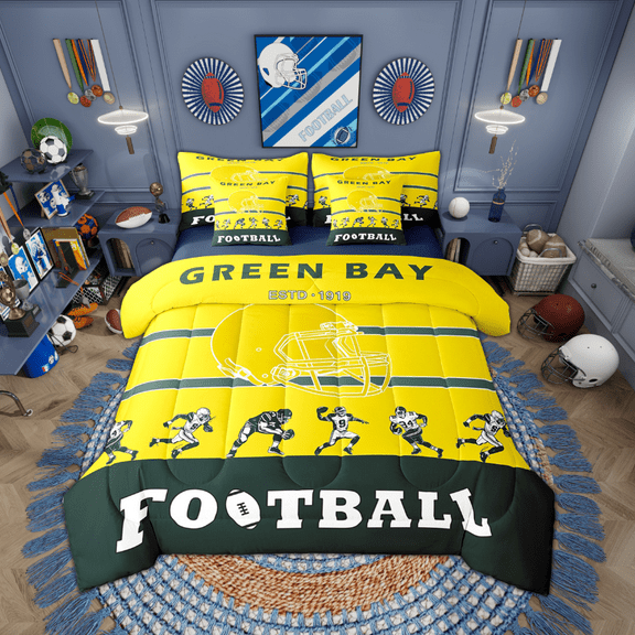 Erosebridal Football Bedding 7PCS Twin Comforter Sets Football Bedding Sets Sports Comforter Set,1Comforter, 1Flat Sheet, 1Fitted Sheet, 2Pillowcases,2 Throw Pillow Covers(Green Bay)