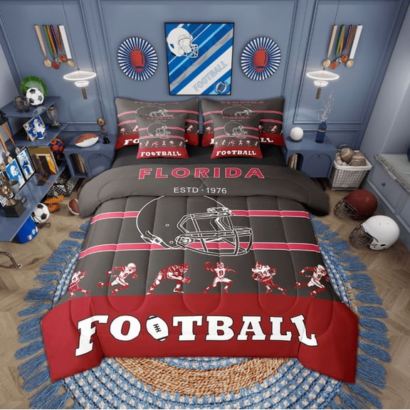 Football Bedding 7PCS Twin Size Comforter Sets Football Bedding Sets Sports Comforter Set,1Comforter,1Flat Sheet,1Fitted Sheet,2Pillowcases,2 Throw Pillow Covers(Florida)