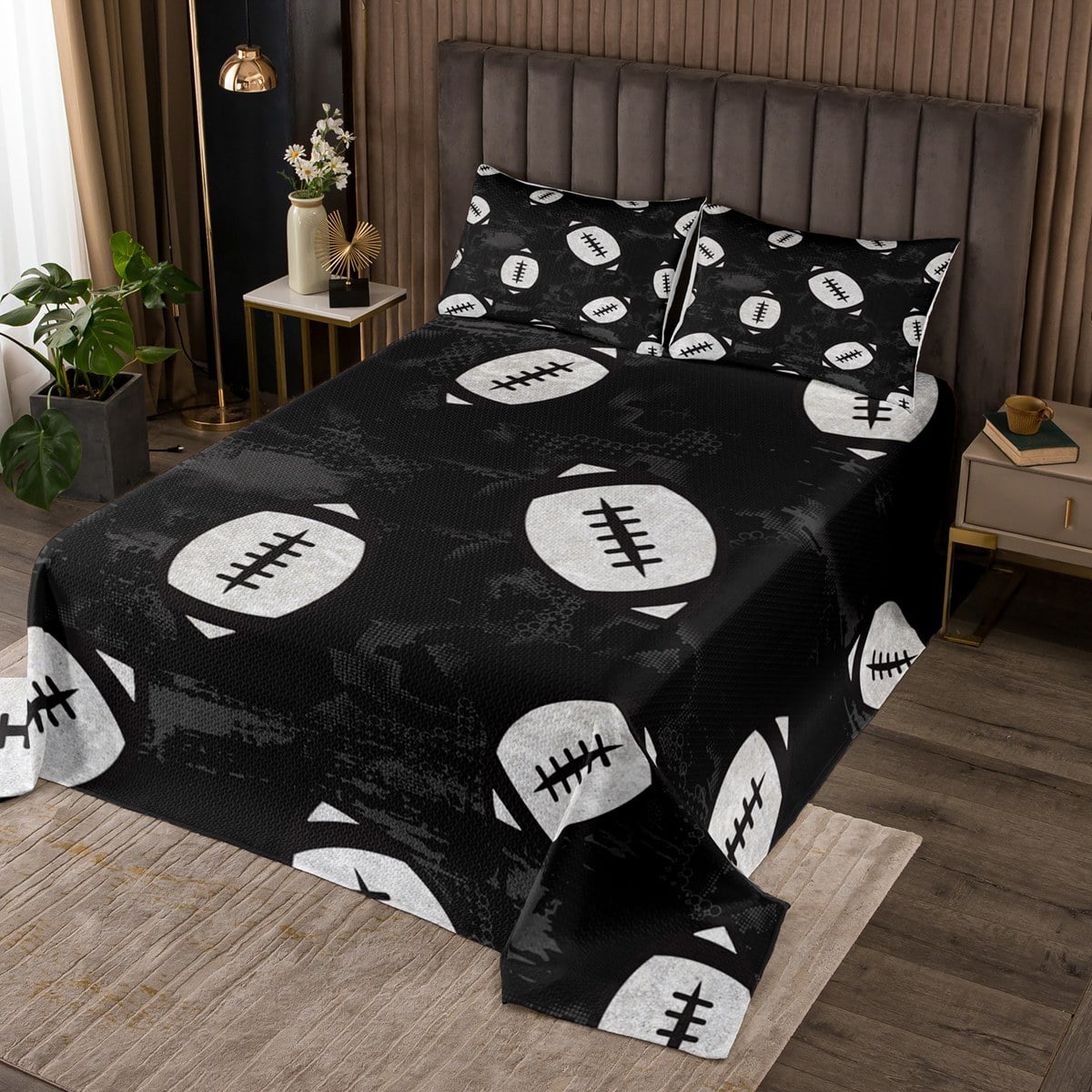 YST Boys Football Bedspread King Size Kids Sports Quilt Set, Black Grey Coverlet Set Soccer
