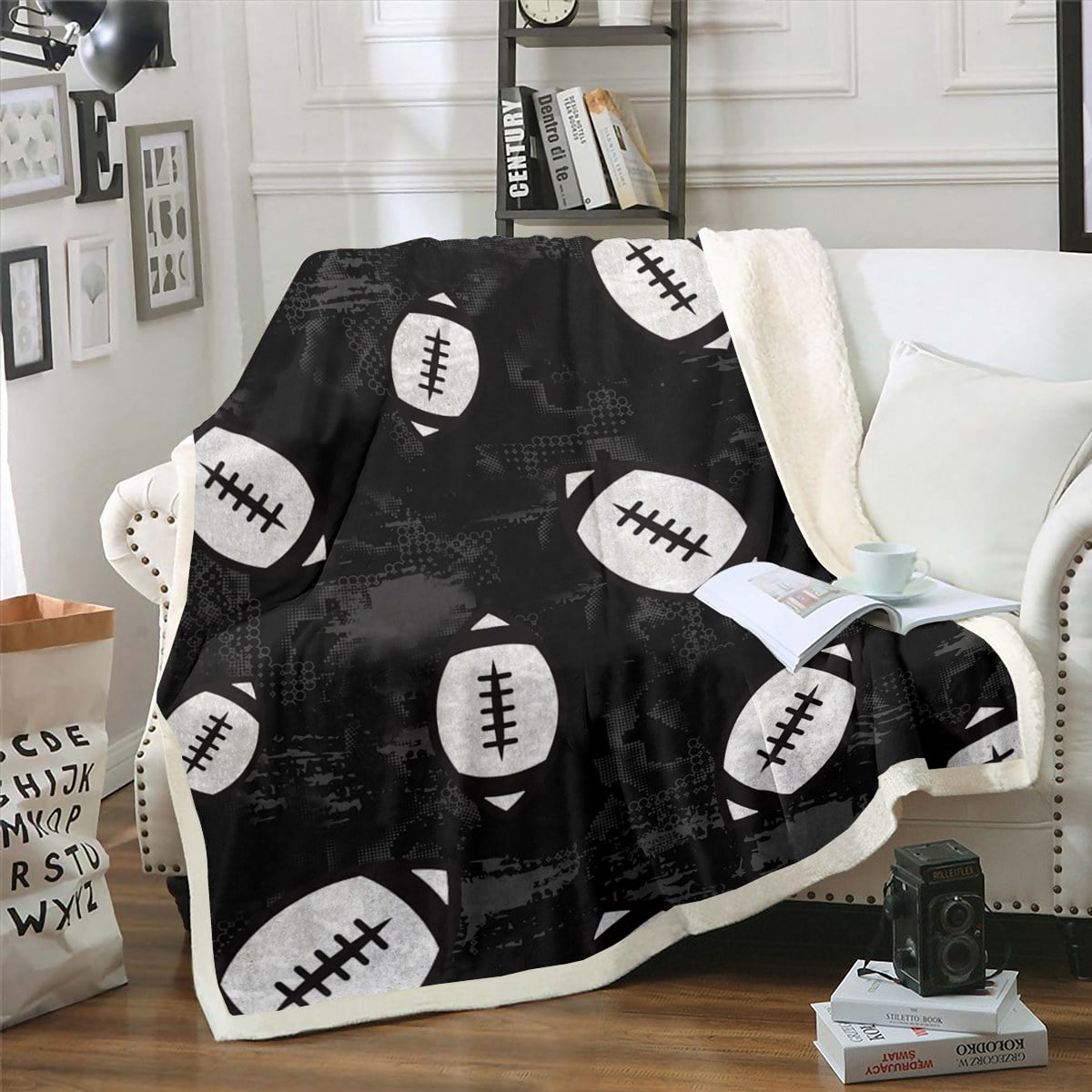 YST Boys Football Blanket Kids Sports Throw Blanket for Bed, Black Grey