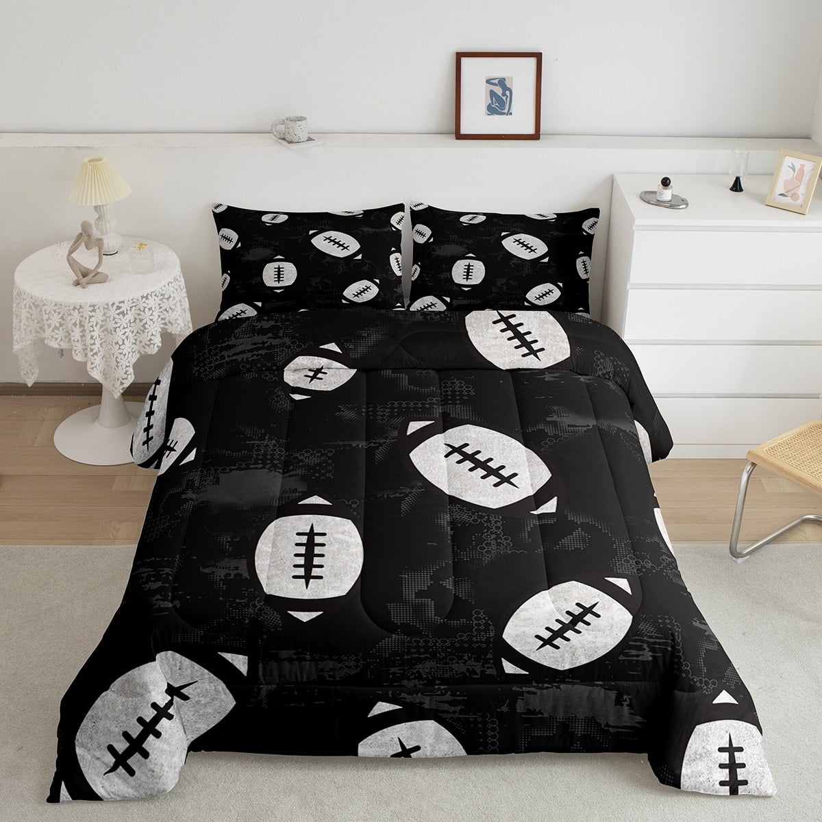 YST Boys Football Comforter Set Queen Kids Sports Bedding Set, Black