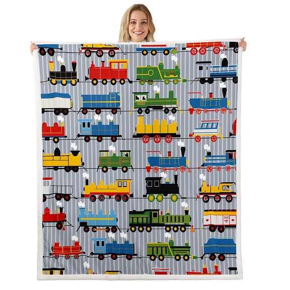 Fuzzy Blanket Twin Size Train Fleece Blanket,Colorful Steam Engine Truck Blanket Train Transportation Throw Blanket For Sofa Couch,Gray,Blue,Red,Yellow