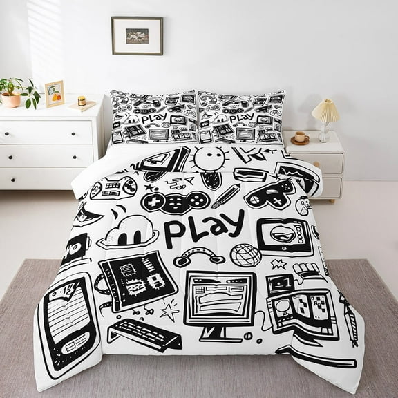 Gamer Comforter Set Full,Gaming Bedding,Video Games Controller Gamepad Bedding Comforter Sets Black White Graffiti Bedroom Decor Duvet Insert