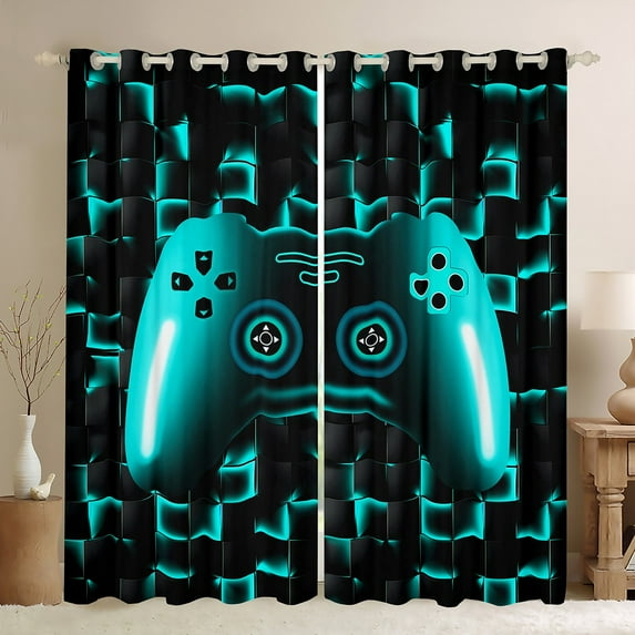 Gaming 42"Wx90"L Window Curtains Gamer 30%-50% Blackout Curtains For Teen Game Controller Room Decor,Neon Teal Geometric Grid Curtains,Black Abstract Check Square Curtains & Drapes