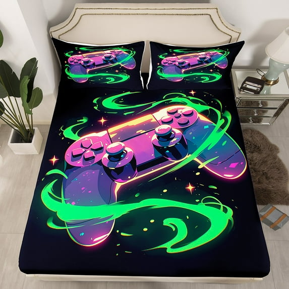 Gaming Bed Sheets Purple Gamepad Fitted Sheet Fashion Cool Green Stripes Bed Sheets Set Queen Teens Men Controller Video Game Themed Bed Set