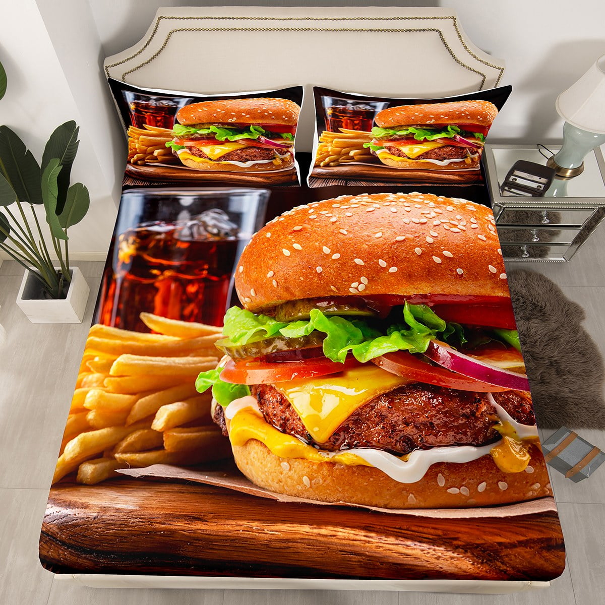 YST Boys Girls Hamburger Fitted Sheet Queen,French Fries Bedding Set