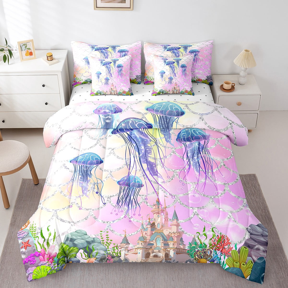 Fish Bedspread Jellyfish Comforter Set Twin 7 Piece,Rainbow Fish Scale Bed in a Bag ...