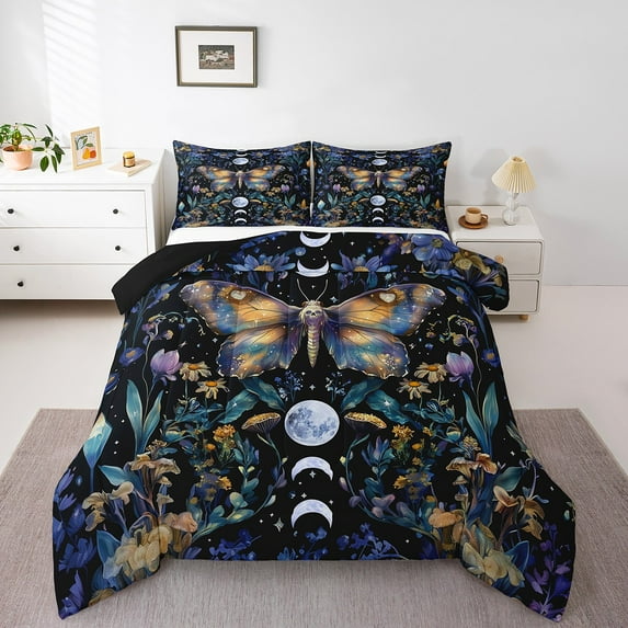Death Moth Comforter Set Queen Size Gothic Moon Starry Sky Quilt Boho Botanical Exotic Bedding Set Vintage Wildflower Down Comforter Queen Size With 2 Pillow Cases