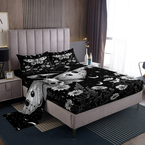 Gothic Moth Sheets, Bohemian Trippy Sun Moon Sheet Set Halloween Sugar Skull Bed Sheets Teens, Boho Exotic Floral Top Sheet Queen With 2 Pillow Cases