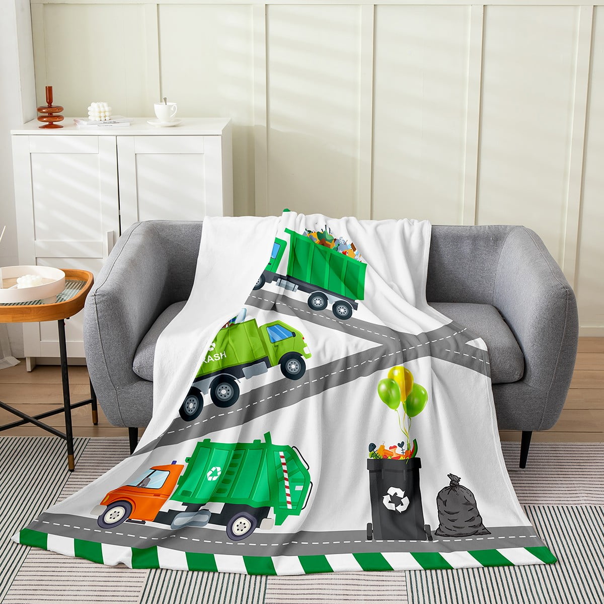 YST Boys Green Garbage Truck Throw Blanket Cartoon Trash Truck Fleece
