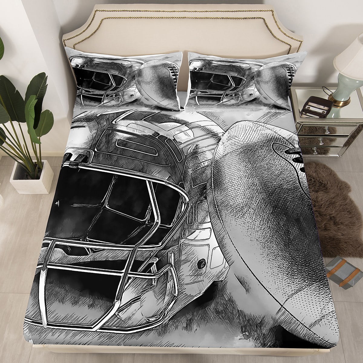 YST Boys Grey Bed Sheets Football Soccer Fitted Sheet Twin Size for