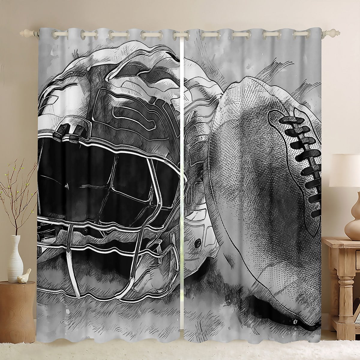 YST Boys Grey Blackout Curtains Football Soccer Curtains for Kids Teen