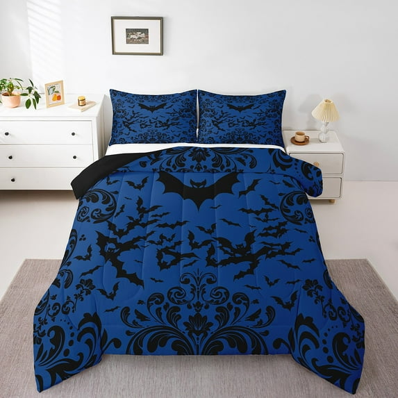 Erosebridal Halloween Bat Comforter Set Twin Black Bats Bedding Comforter Sets Gothic Damask Floral Bedding Set Teen Men Adults Navy Blue Halloween Decoration Quilt Duvet Room Decor