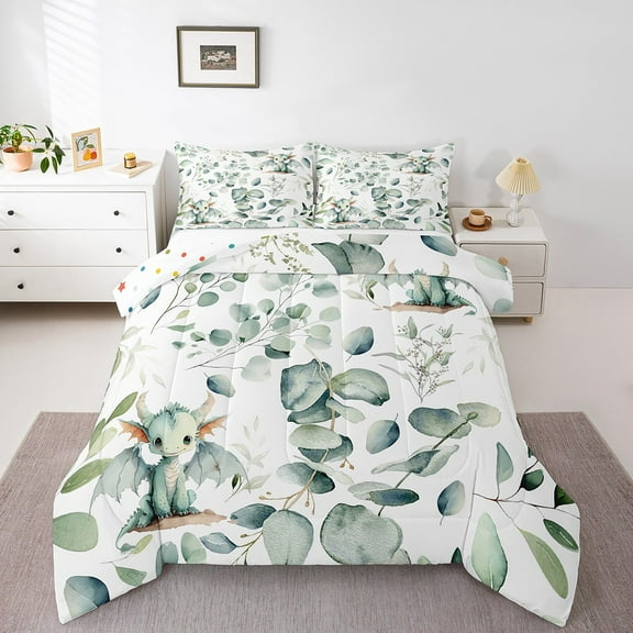 Magic Animal Twin Bedding Sets Cute Dragon Comforter Set, Cartoon Wildlife Bedding Comforter Sets Green Leaf Duvet Insert, Spring Garden Plant Down Comforter Bedroom Decor