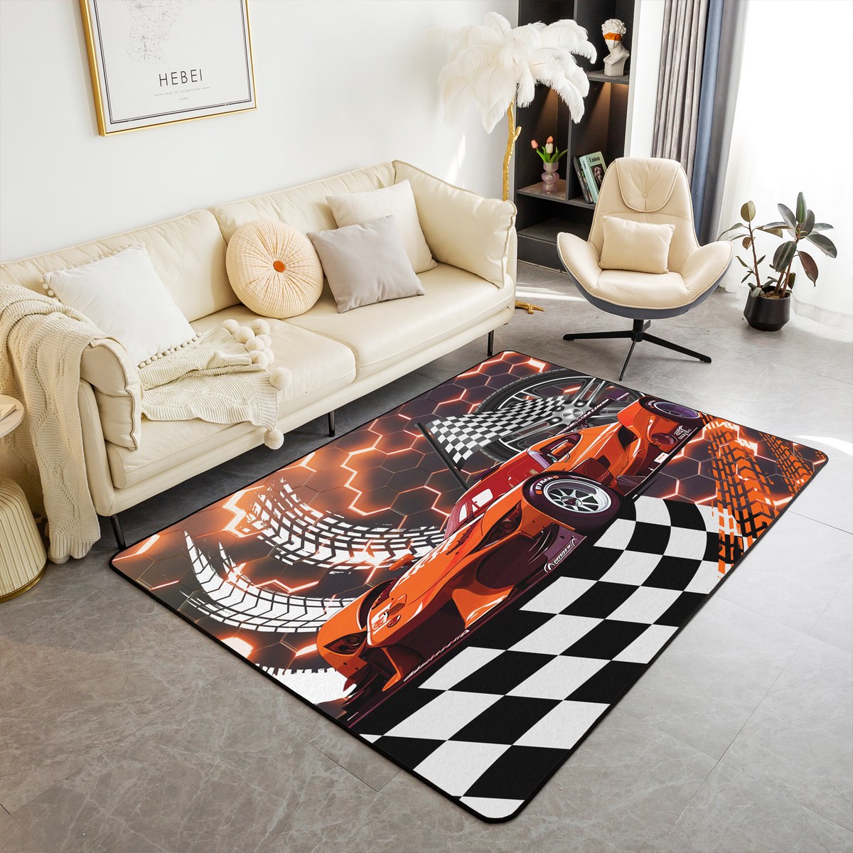 YST Boys Race Car Area Rug 3x5,Orange Neon Lights Rug for