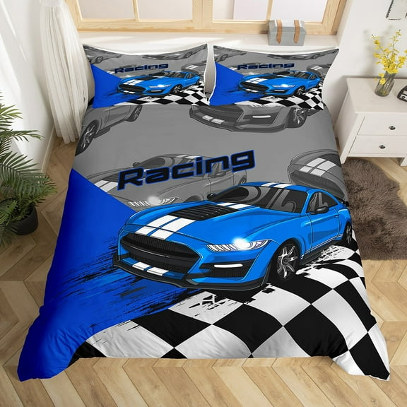Erosebridal Race Car Duvet Cover Speed Sports Car Queen Bedding Set Teens Blue Cool Car Extreme Sports Comforter Cover, Black White Racing Lattice Quilt Cover with 2 Pillowcases