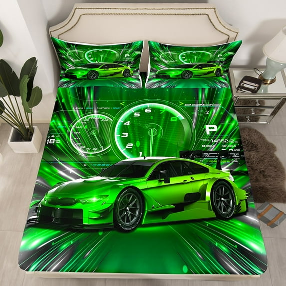 Erosebridal Race Car Full Size Fitted Sheet,Cool Sports Racing Car Decor Sheets,Teens Extreme Sports Theme Bed Sheets,Green Automobile Print Sheets Bedroom Collection