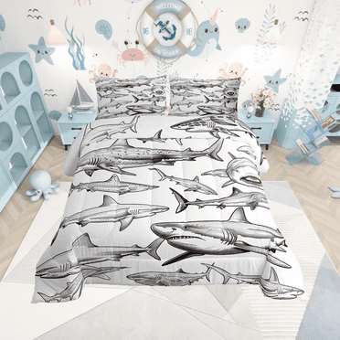 Shark Comforter Set, Ocean Life Bedding Set Full Size Teens Adult Bedroom Decor, Sea Animal Fishes Bedding Comforter Sets Underwater Word Duvet Insert With 2 Pillow Cases