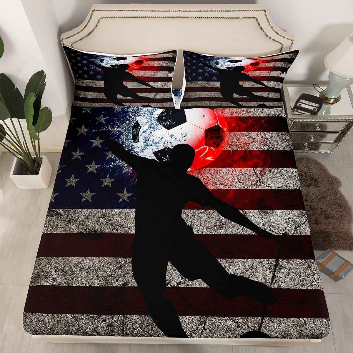 YST Boys Soccer Football Bed Sheets Retro USA Flag Fitted Sheet Twin