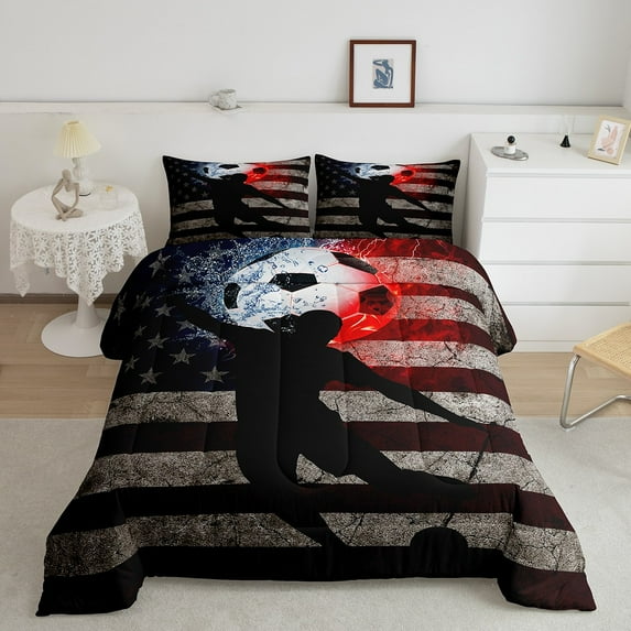 Soccer Football Comforter Twin Retro USA Flag Bedding Set, Vintage Grunge Stripe Down Comforter Ice and Fire Bed Set American Flag Stars Quilted Duvet Black Grey 2pcs