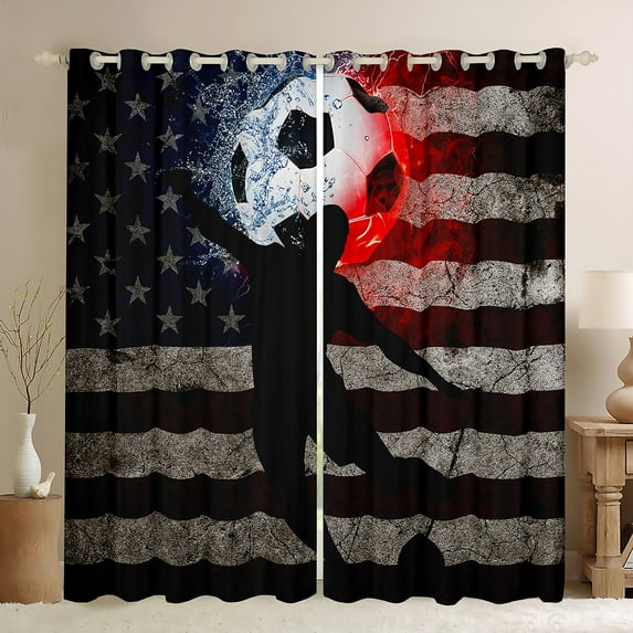 Soccer Football Curtains & Drapes Retro USA Flag Curtains, Vintage Grunge Stripe 30%-50% Blackout Curtains Ice and Fire Living Room Curtains American Flag Stars Window Curtains Black Grey