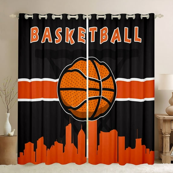 Sport Curtains Basketball 30%-50% Blackout Curtains Teens Adults, Black Orange Curtains & Drapes Gamer Game Bedroom Curtains