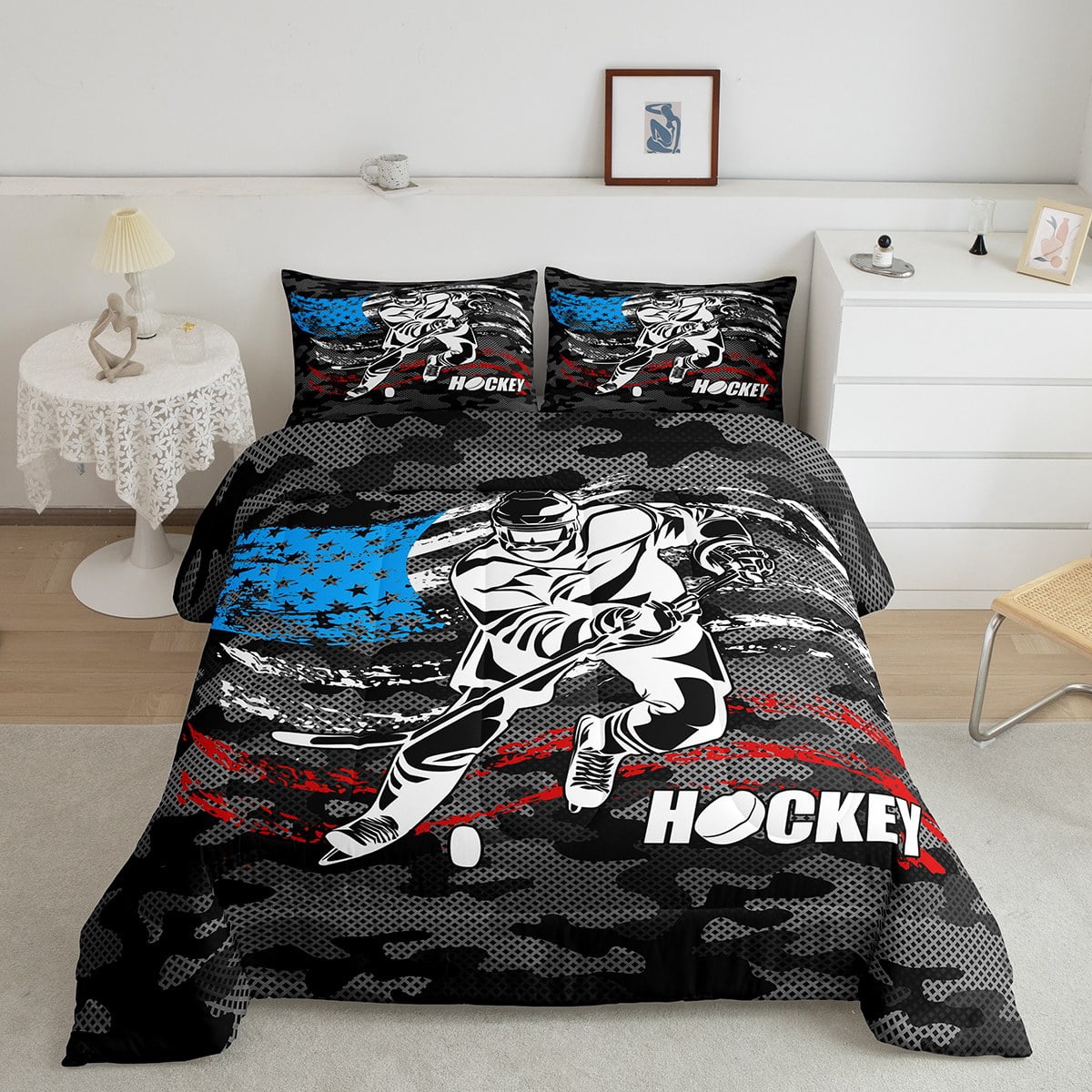 YST Boys Sports Bedding Set Queen Ice Hockey Comforter Set, Grey