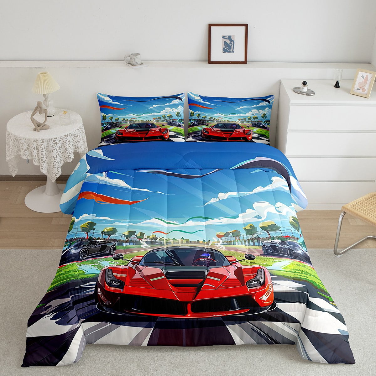 YST Boys Sports Car Bedding Sets Queen Red Race Car Comforter Set,Black