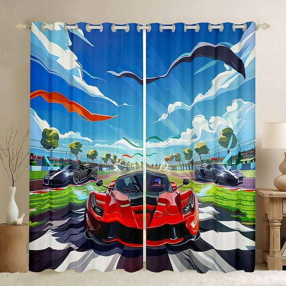 Sports Car 30%-50% Blackout Curtains 84x90 Red Race Car Curtains,Black White Plaid Curtains & Drapes Modern City Bedroom Curtains Speed Racing Car Window Drapes Home Decorative