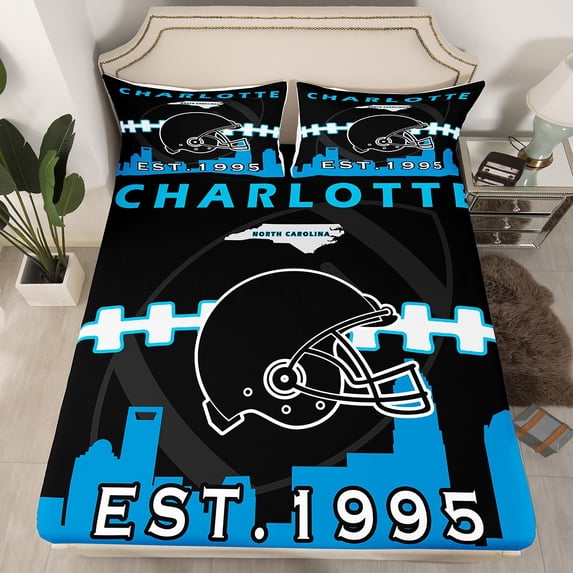 Erosebridal Sports Fitted Sheet Full Size,Football Helmet Bed Sheets,Blue Black Bed Set,American Football Bedding Set with 2 Pillowcases Bedroom Decor(Charlotte),no Flat Sheet