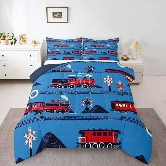 Train Full Comforter Set Cartoon Car Bedding Set, Traffic Transportation Track Comforter Teens Red Blue Steam Engine Railway Decor Quilt Set Room 3Pcs