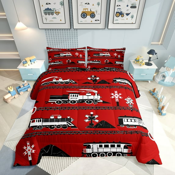 Train Full Comforter Set Cartoon Car Bedding, Traffic Transportation Track Comforter Teens Vintage Steam Engine Railway Decor Quilt Set Room 3Pcs, Red White Black