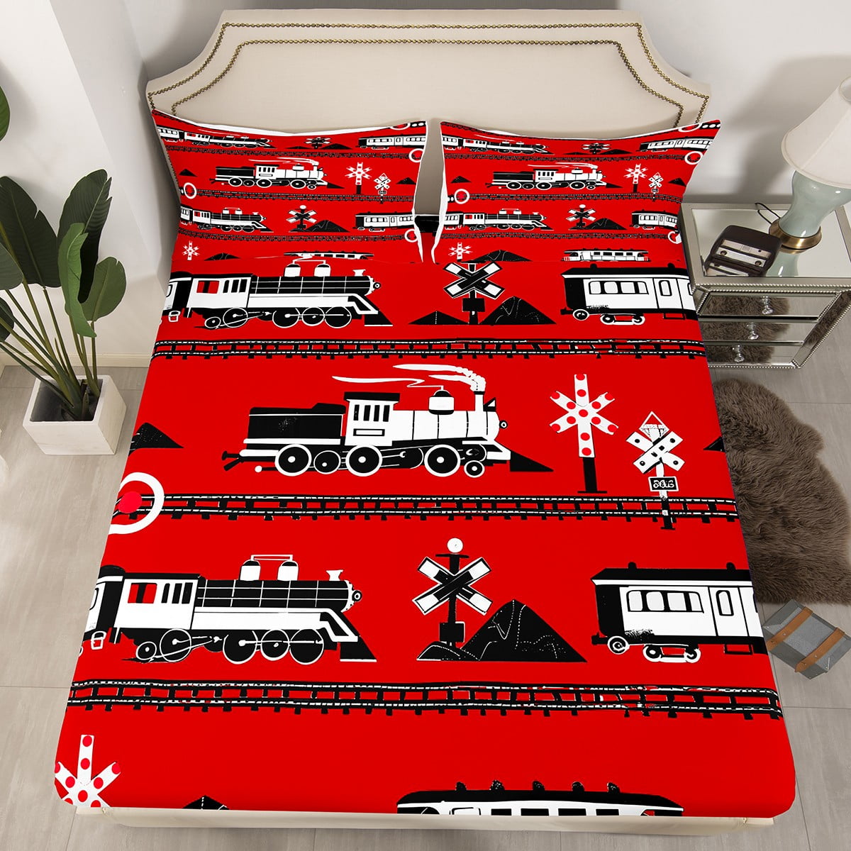 YST Boys Train Queen Bed Sheets Cartoon Car Toddler Bedding Set, Traffic Transportation Track ...