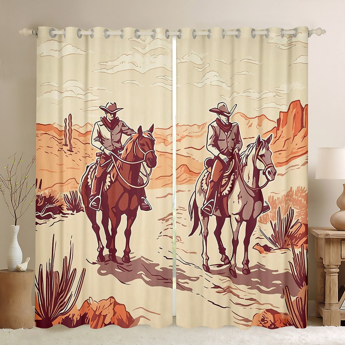YST Boys Western Blackout Curtains Cowboy Horse Print Curtains Wild West Desert Window