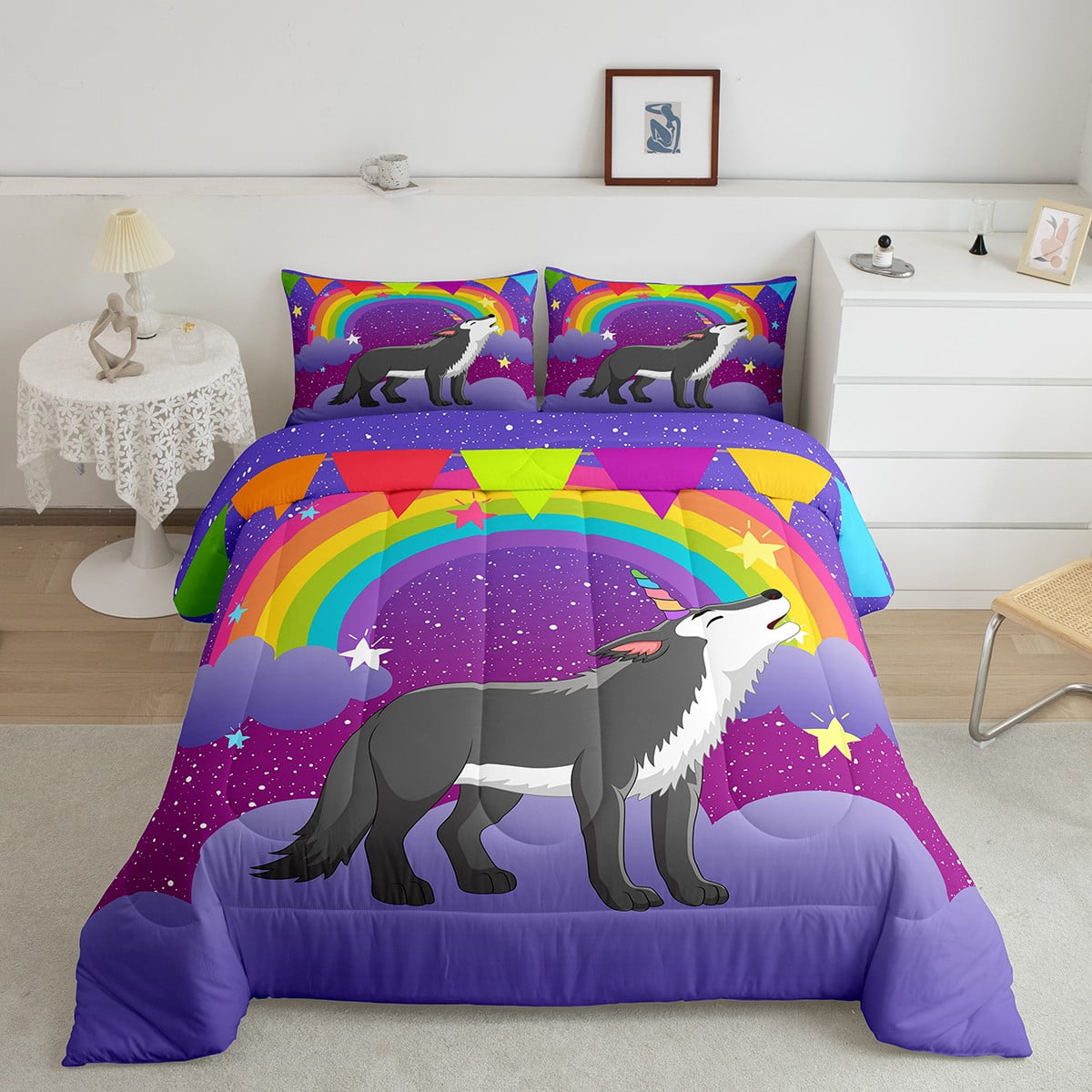 YST Boys Wolf Comforter Set Twin Girls Duvet Insert Cute Rainbow Unicorn Print Bedding Sets Kids