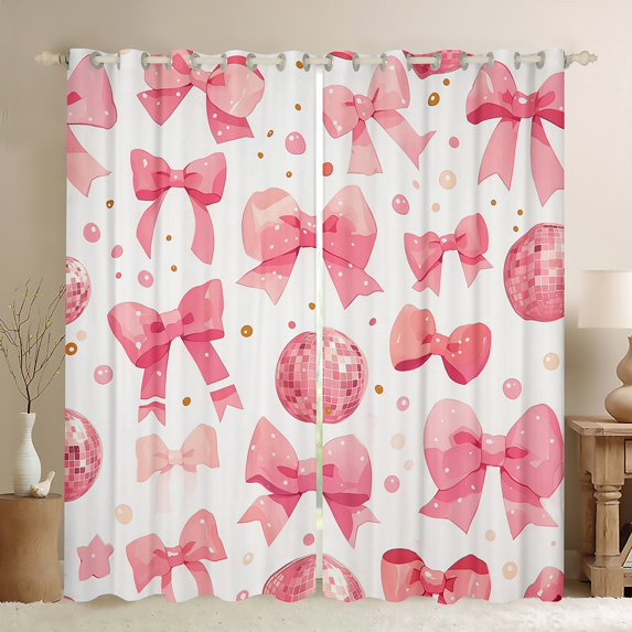 Bright Ball 30%-50% Blackout Curtains 52"Wx63"L,Cartoon Bow Knot Curtains For Living Room Bedroom,Cute Ball Bows Printed Adults Thermal Curtains & Drapes,White Pink Modern Dots Window Curtains