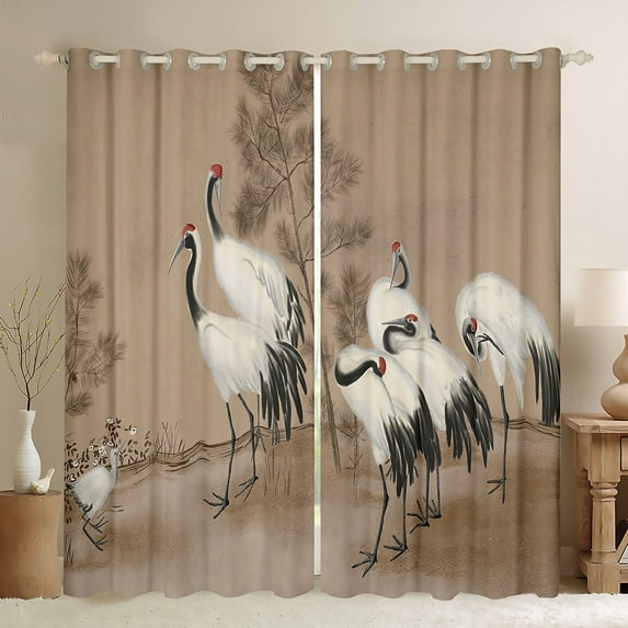 Brown 30%-50% Blackout Curtains White Crane Curtains, Wild Bird Animal Curtains & Drapes Natural Themed Black Out Curtains, Trees Branches Window Curtains Botanical Plants Home Decoratives