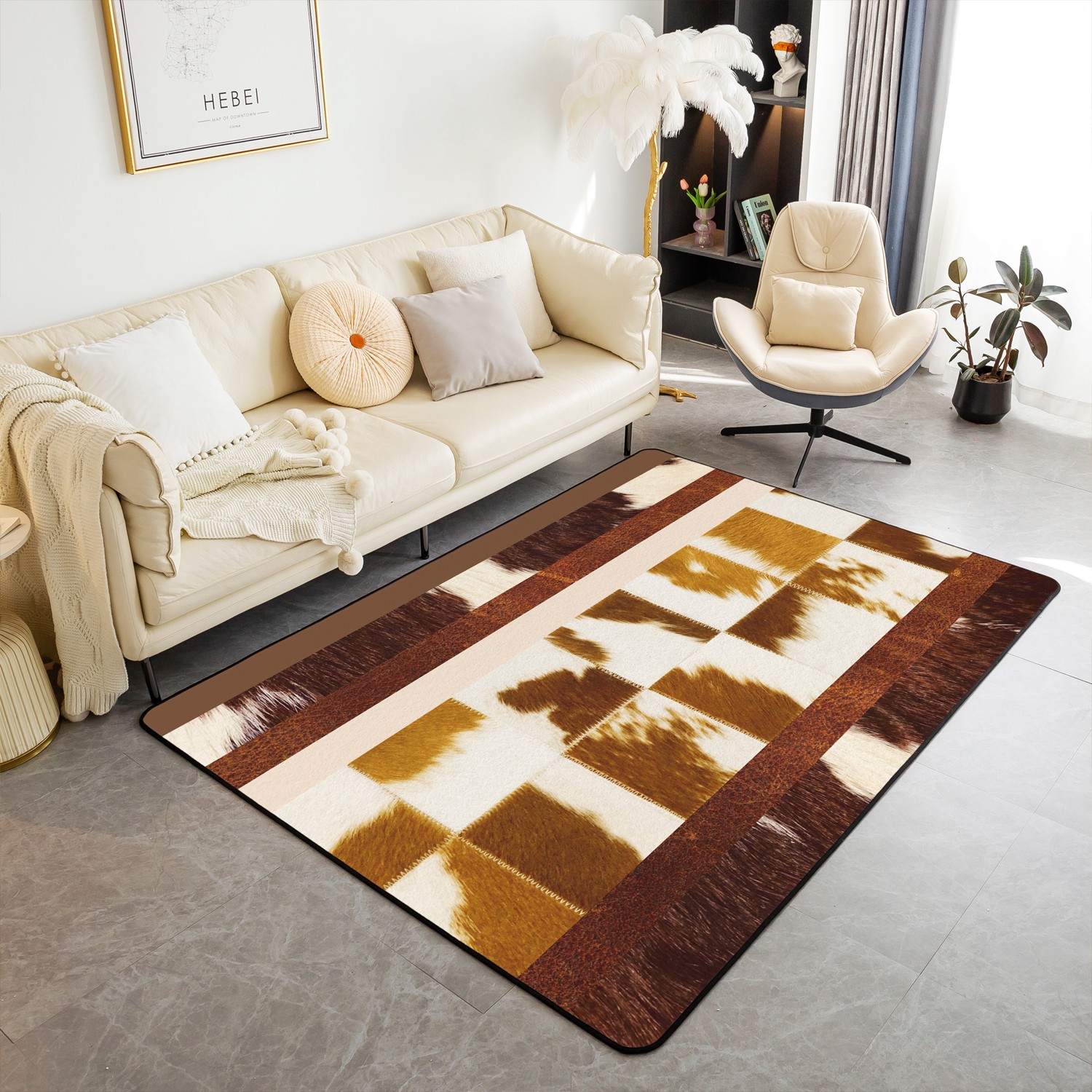 YST Brown Cowhide Area Rug 5x7 Wild Animal Skin Western Non Slip