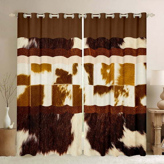 Brown Cowhide 30%-50% Blackout Curtains Wild Animal Skin Curtains & Drapes 2 Panels 52"Wx84"L,Farm Animals Hide Curtains Bull Cattle Cow Print Patchwork Hair Western Room Decor