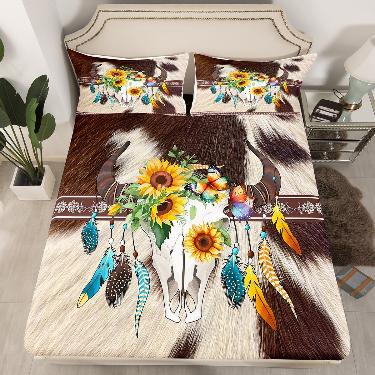 YST Brown Cowhide Fitted Sheet Sugar Skull Western Bed Sheets Twin,Wild