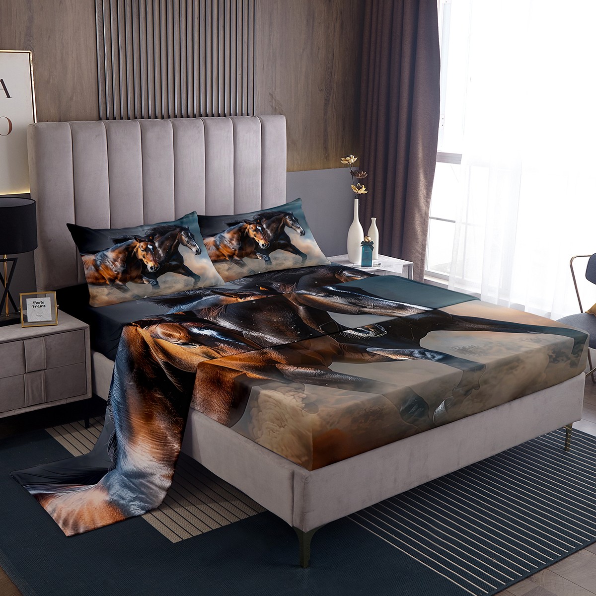 YST Brown Horse Bed Set Black Galloping Horse Bed Sheets Set Kids Teens