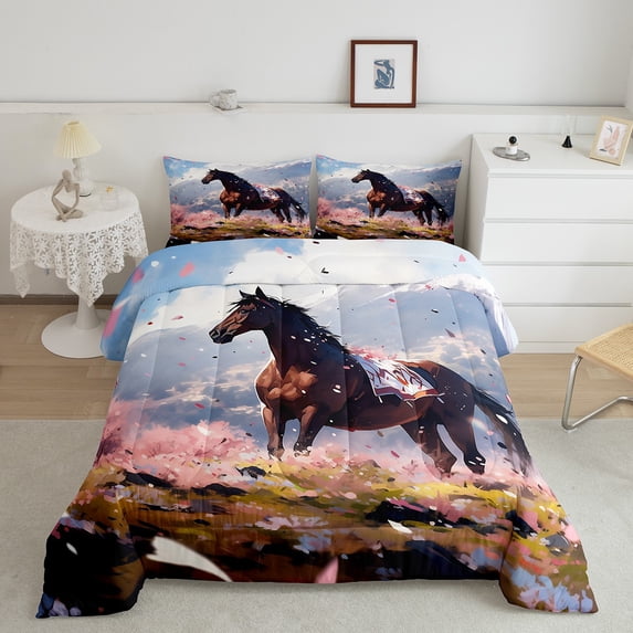 Brown Horse Comforter Set King Pink Flower Bedding Set,Chic Floral Down Comforter Horse Theme Duvet Set Farm Animal Quilted Comforter Home Decor,3 Piece With 2 Pillowcase
