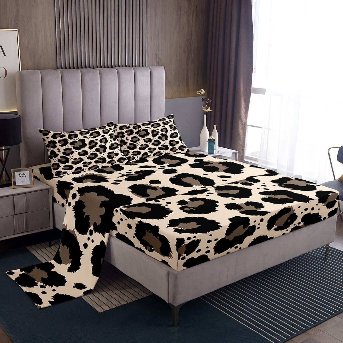 YST Brown Leopard Print Bed Set Cheetah Print Bed Sheets Set, Wild