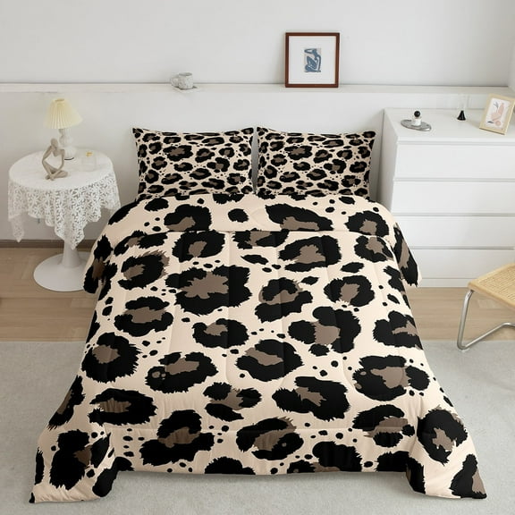 Brown Leopard Print Comforter Full Cheetah Print Bedding Set, Wild Animal Down Comforter Safari Wildlife Bed Set, Modern Abstract Art Quilted Duvet Microfiber with 2 Pillowcase